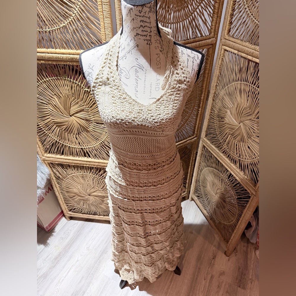Moda International Crochet Maxi Dress in Tan